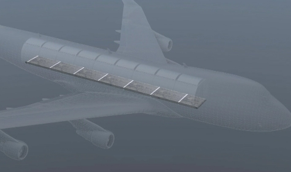 Plano del interior del avión provisto de las cápsulas de salvamento y aprovisionamiento. Vista lateral