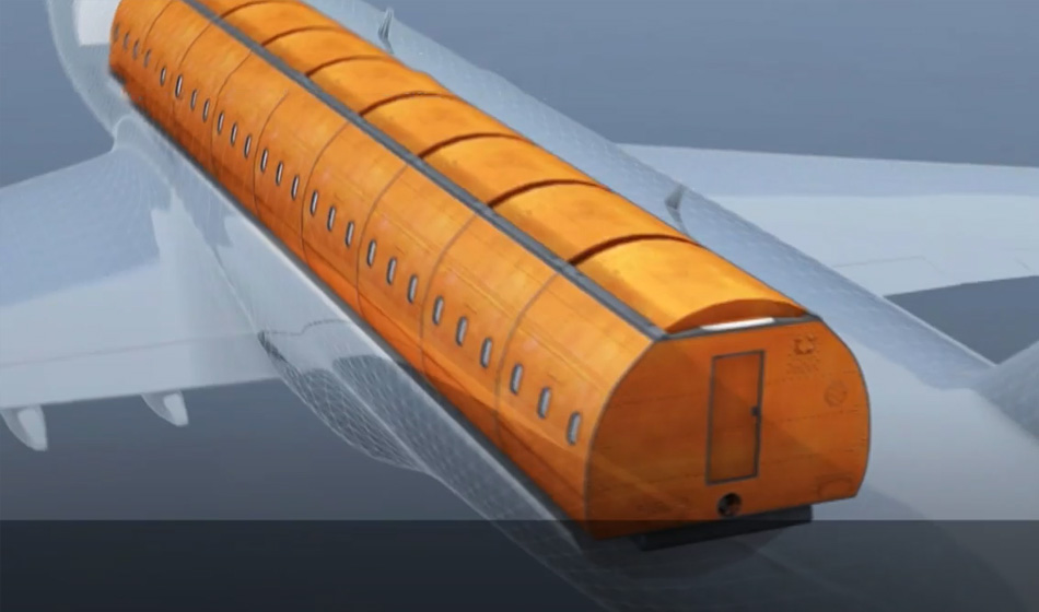 Plano del interior del avión provisto de las cápsulas de salvamento y aprovisionamiento. Vista desde la parte trasera del avión