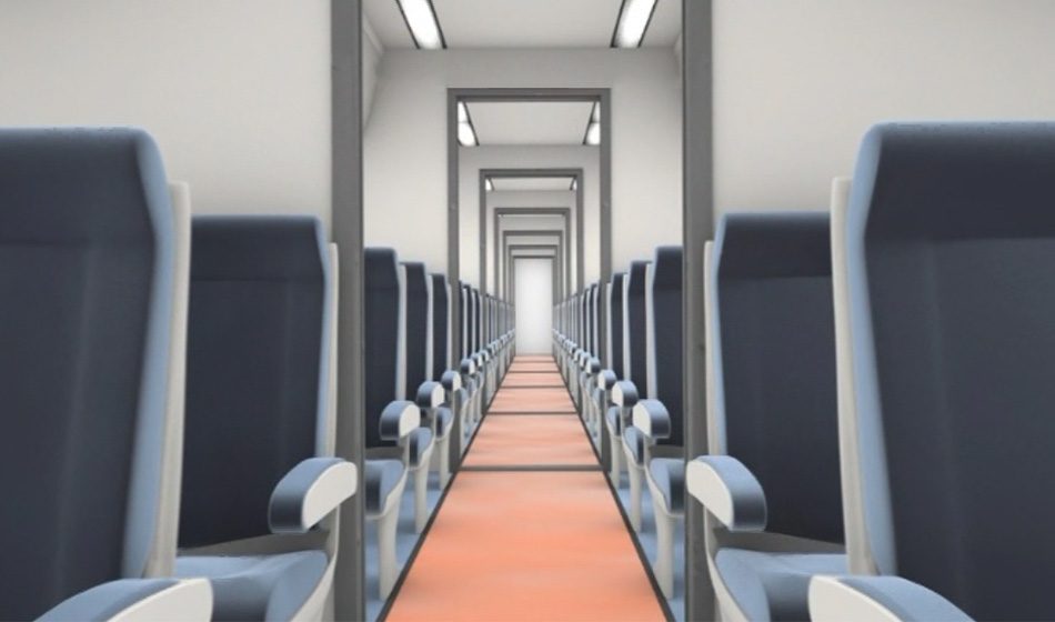 Vista del pasillo interior entre los asientos de los pasajeros de una aeronave, con todas las cápsulas con sus compuertas abiertas