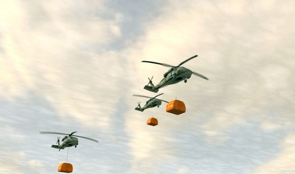 Helicopters transporting the capsules.